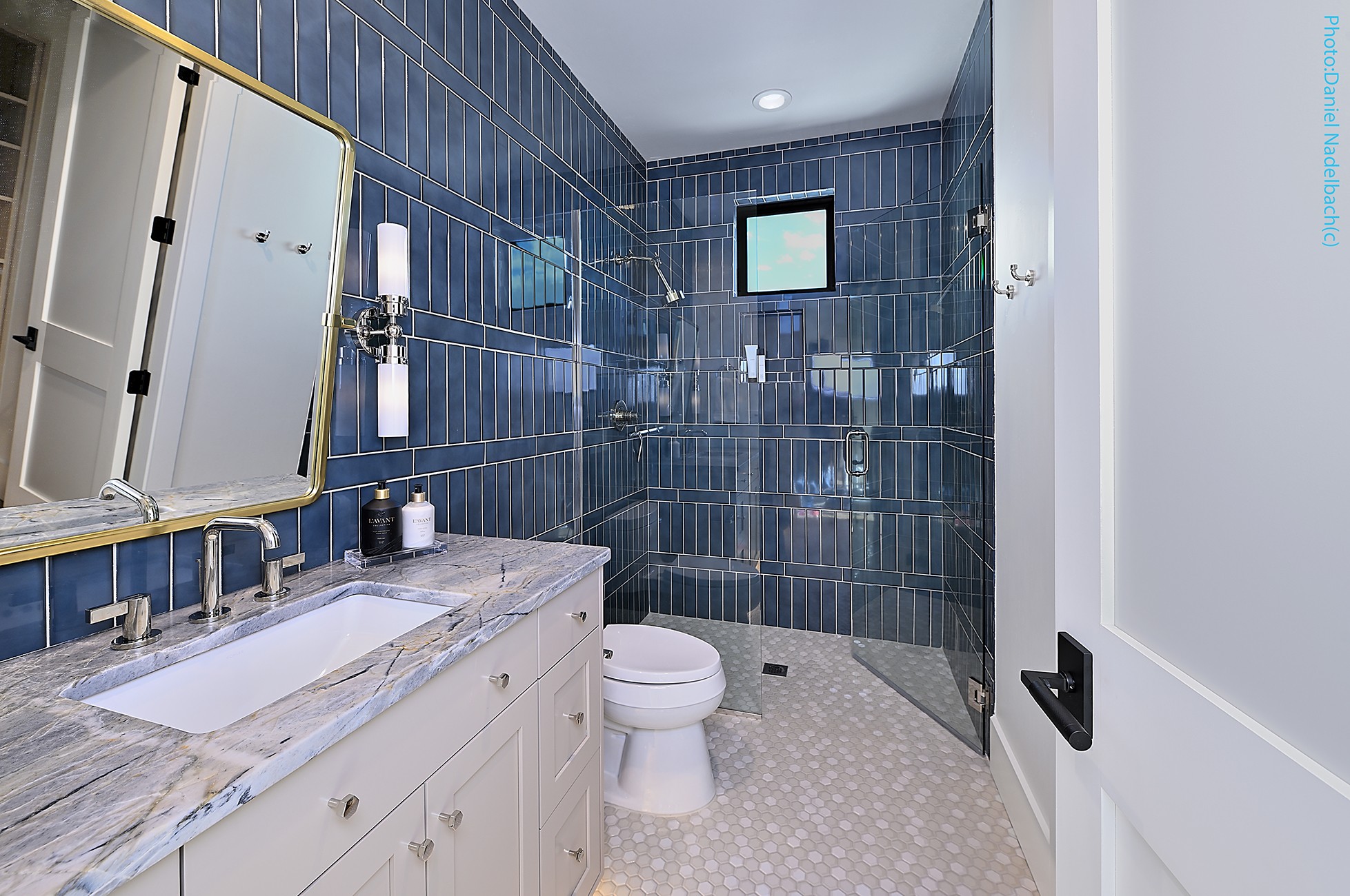 Navy zellige tile bathroom