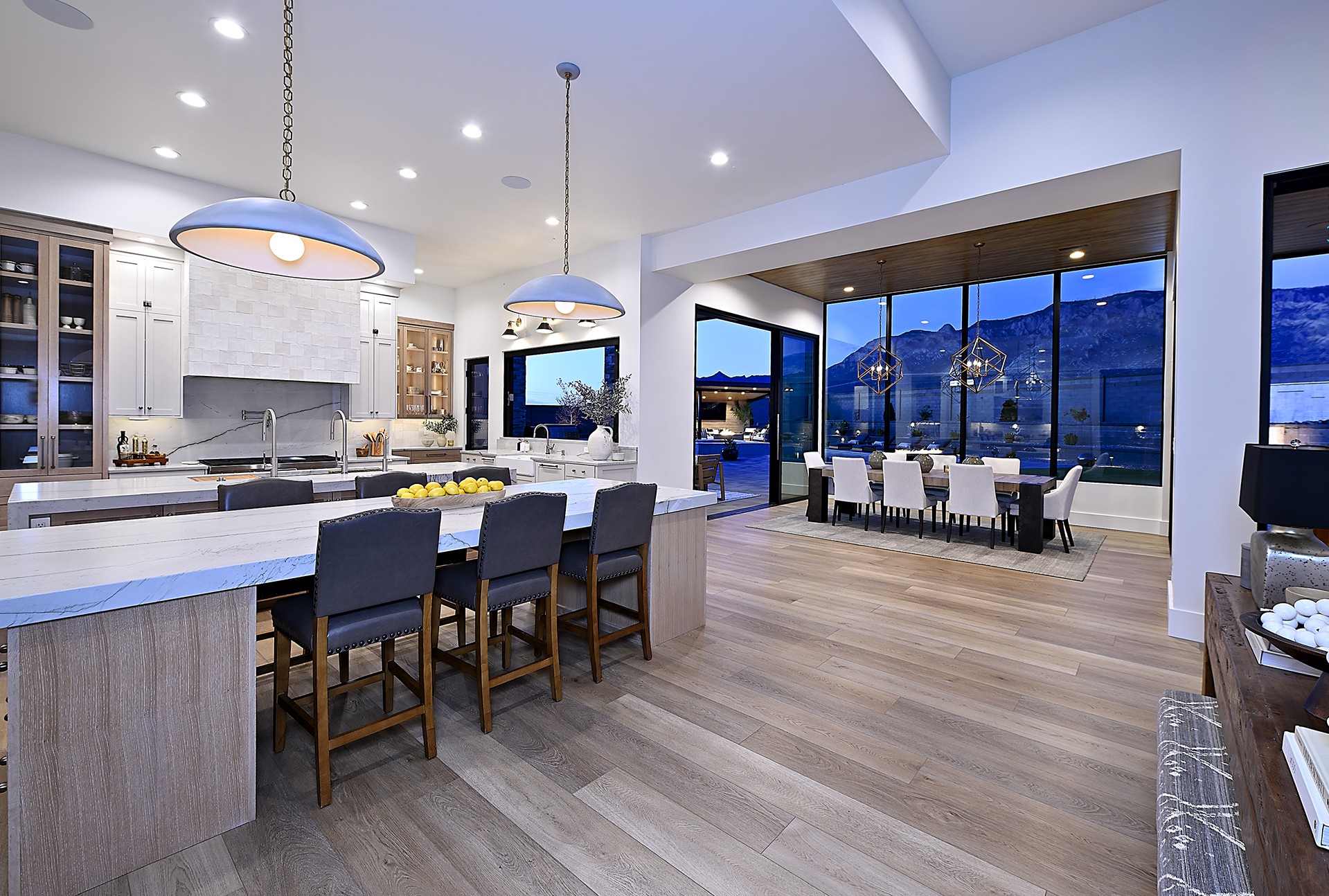 Kitchen at dusk — Sandia Mountain views